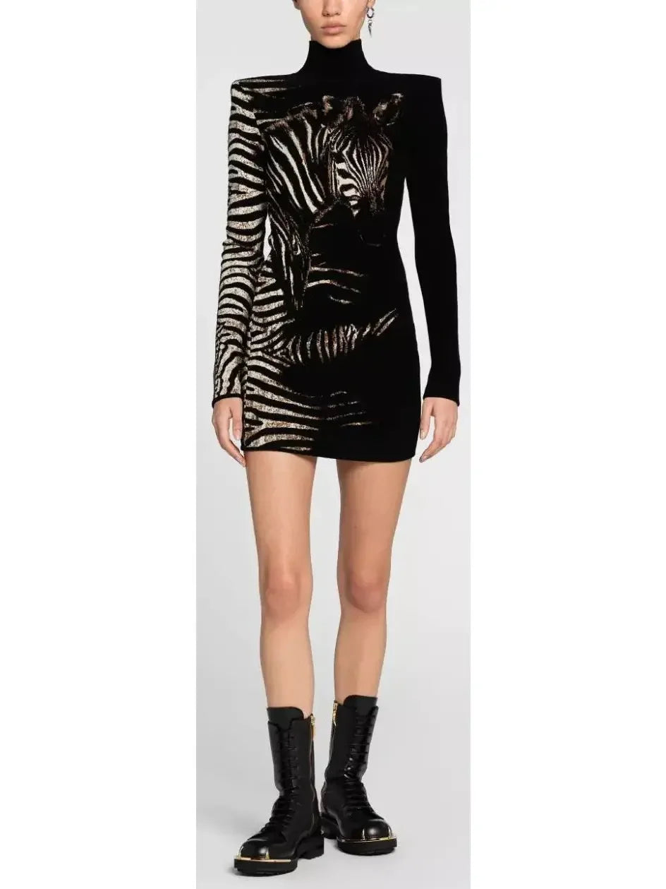 Bow-Detail Black and White Houndstooth Tweed Mini Dress