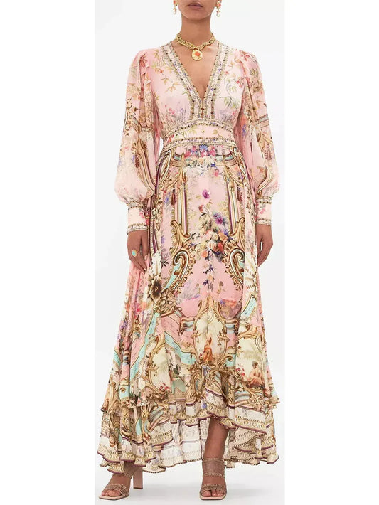 Printed Pink Long Button Front Silk Dress