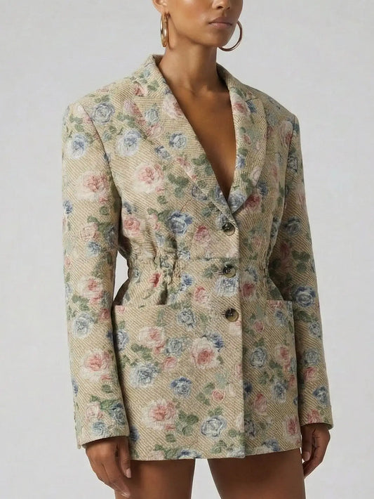 Vintage Rose Jacquard Blazer Dress with Cinched Waist - Jackets