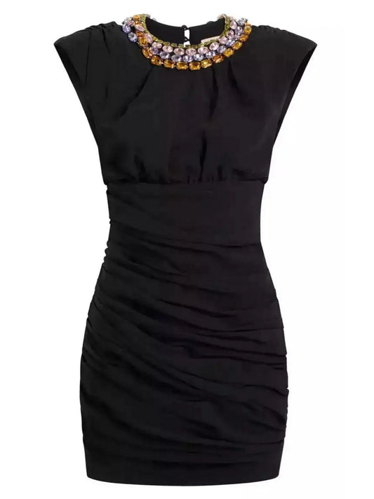 Rhinestone-Collar Gathered Sleeveless Black Mini Dress - Dresses