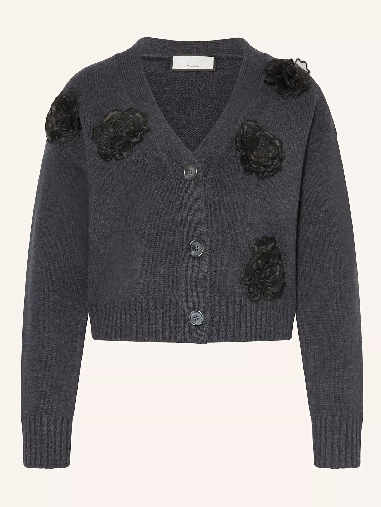 Gray Floral-Embroidered Cropped Wool Cardigan