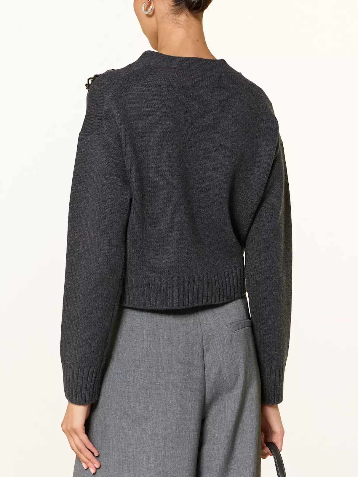 Gray Floral-Embroidered Cropped Wool Cardigan