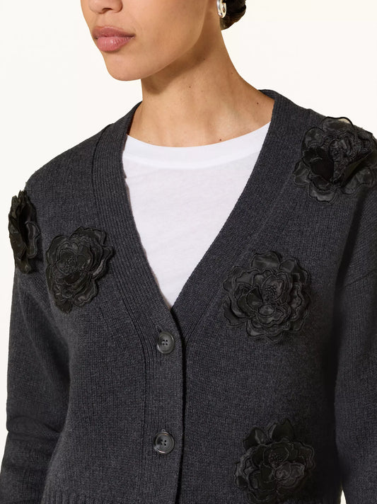 Gray Floral-Embroidered Cropped Wool Cardigan