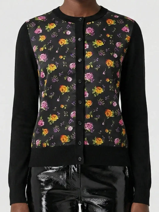 Black Silk Knit Cardigan with Multicolored Rose Print - Sweaters & Knitwear