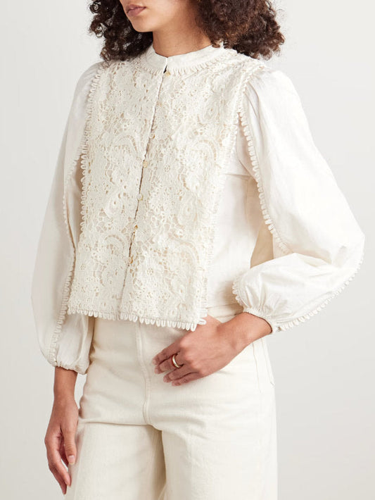 2 Pc Guipure Lace-Trimmed Cotton-Poplin Top - Tops
