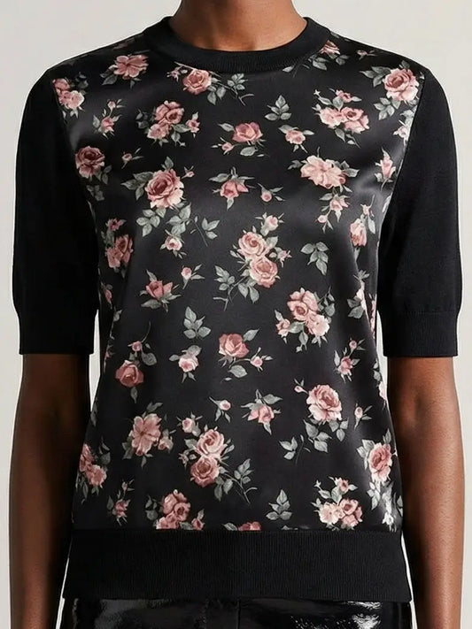 Black Silk Knit Top with Printed Roses - Tops
