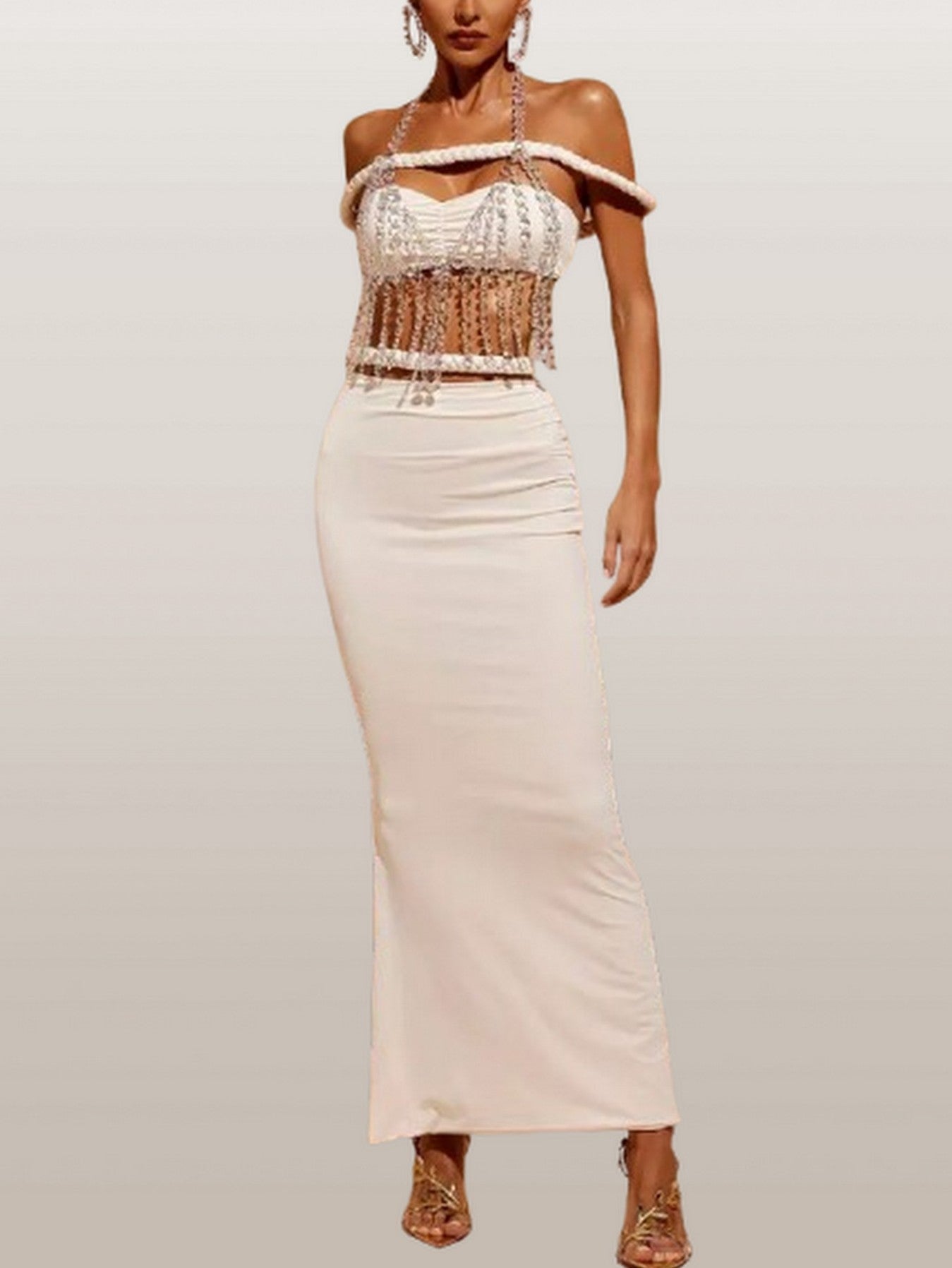 3-pc Crystal Braided Top and Skirt Set - Suits & Sets