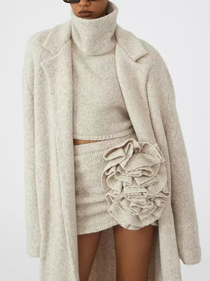Cozy 3-pc Knit Sleeveless Turtleneck with Flower Applique Skirt and Overcoat ensemble