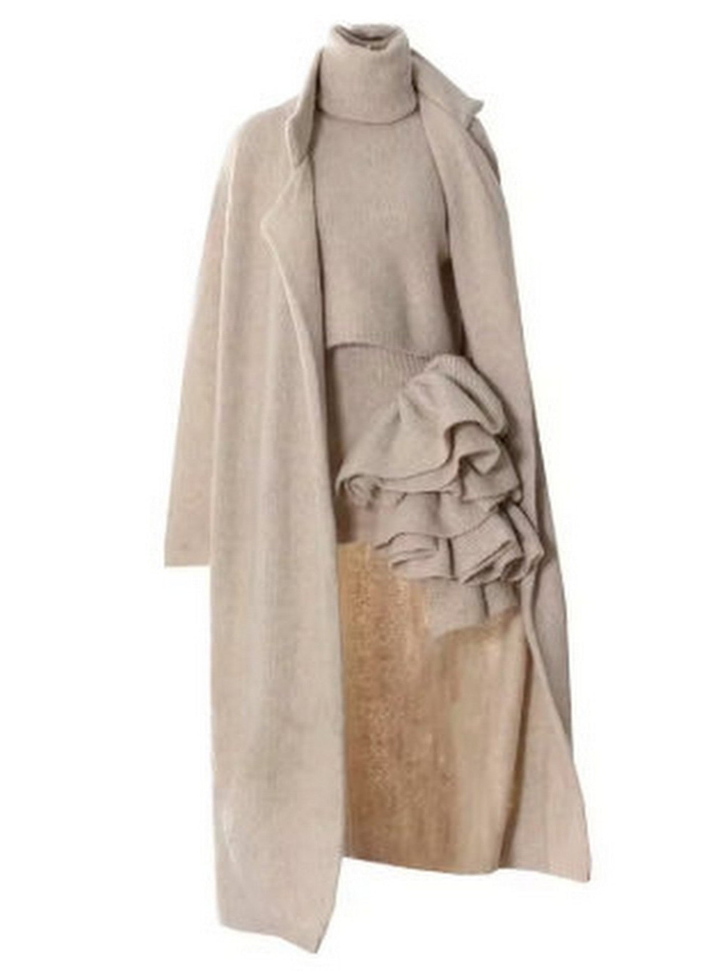 Cozy knitwear ensemble featuring a sleeveless turtleneck and flower applique skirt