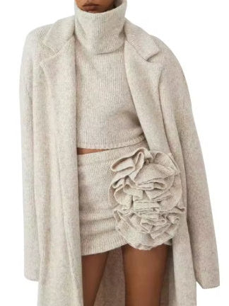 Cozy 3-pc Knit Sleeveless Turtleneck with Flower Applique Skirt and Overcoat ensemble