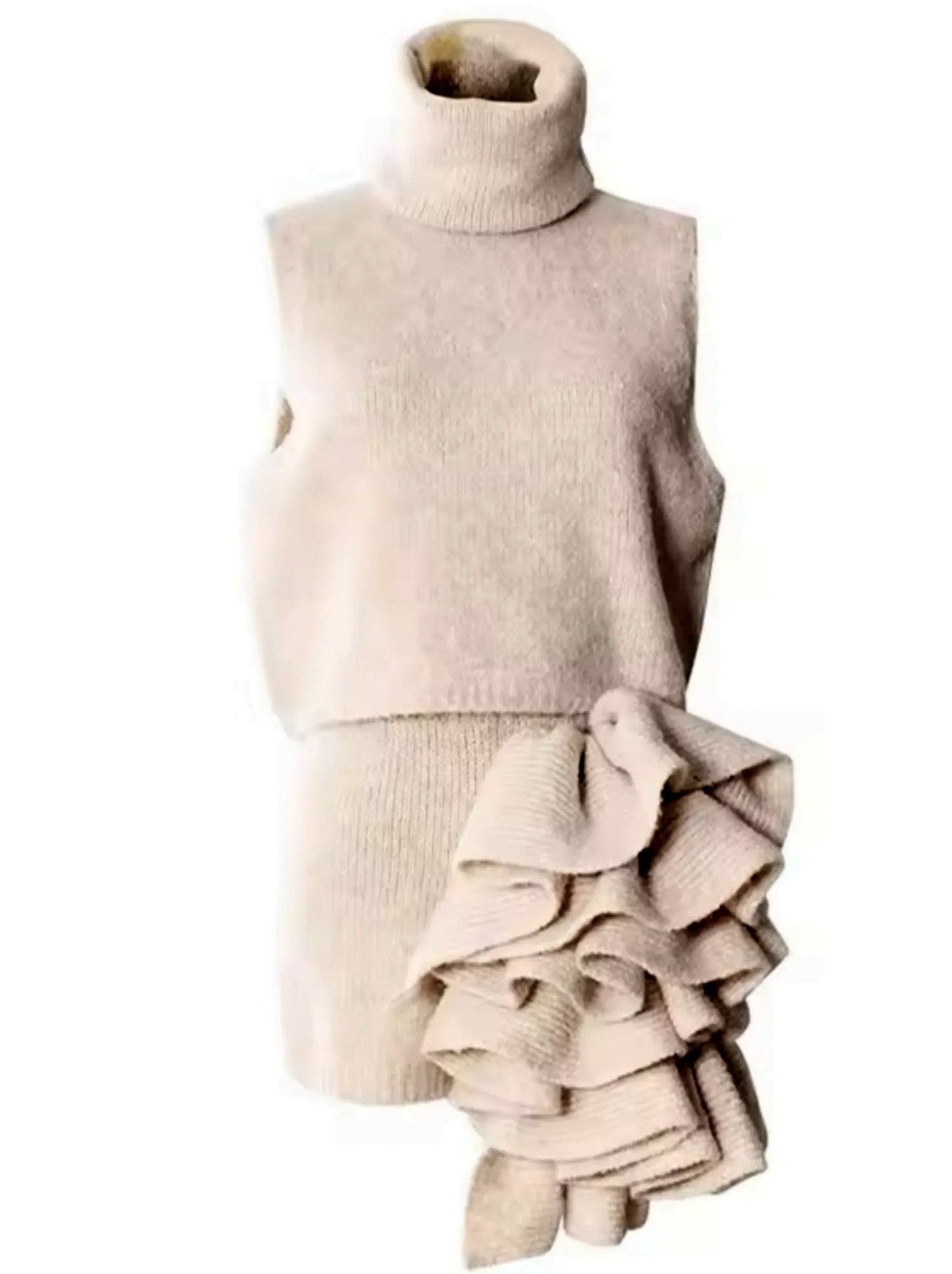 Cozy knitwear ensemble featuring a sleeveless turtleneck and flower applique skirt