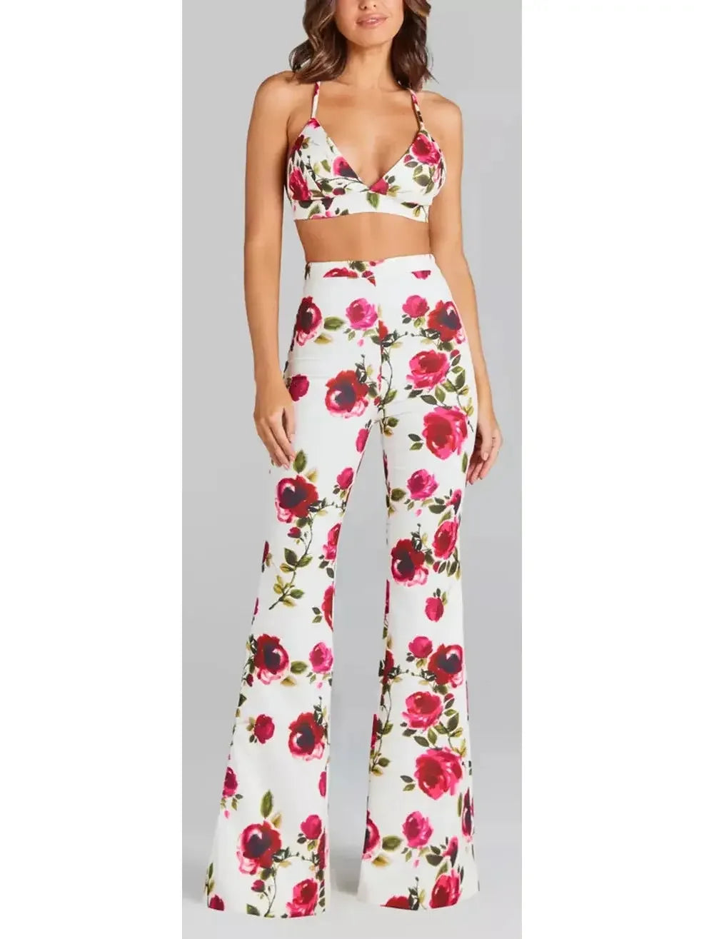 3-Piece Watercolor Rose Print Blazer Bra Top and Pant Suit / Set - Suits & Sets