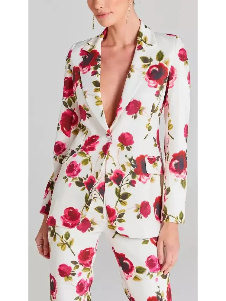 3-Piece Watercolor Rose Print Blazer Bra Top and Pant Suit / Set - Suits & Sets