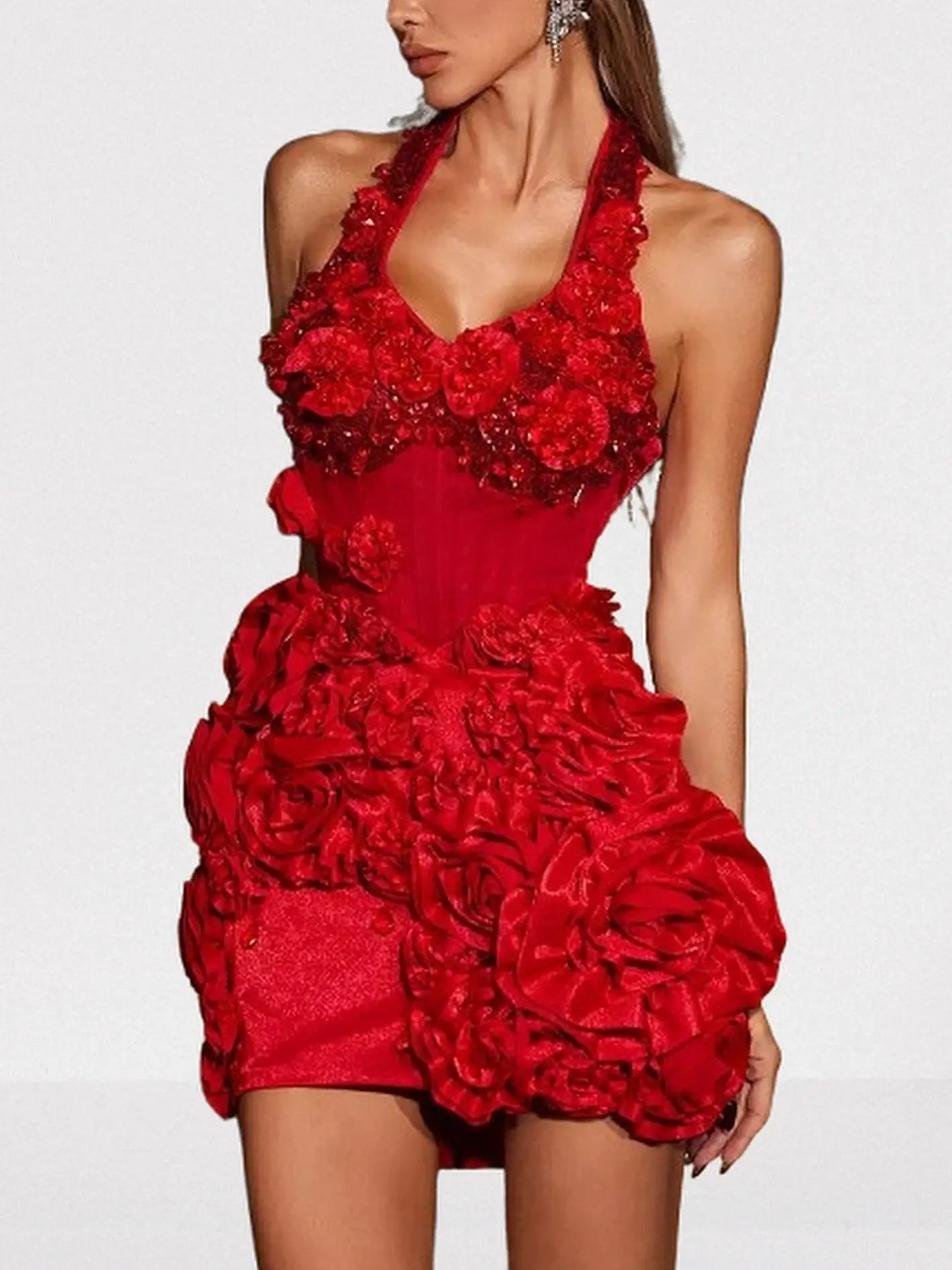 Red Floral 3D Appliqué Halter Corset Mini Dress
