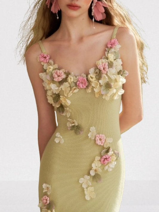 3D Floral-Appliqued Knit Green Tank Dress - Dresses