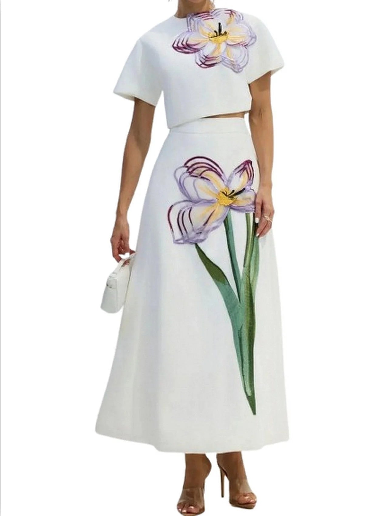 3D Floral Appliqued Crop Top and Flared Skirt Set - Suits & Sets