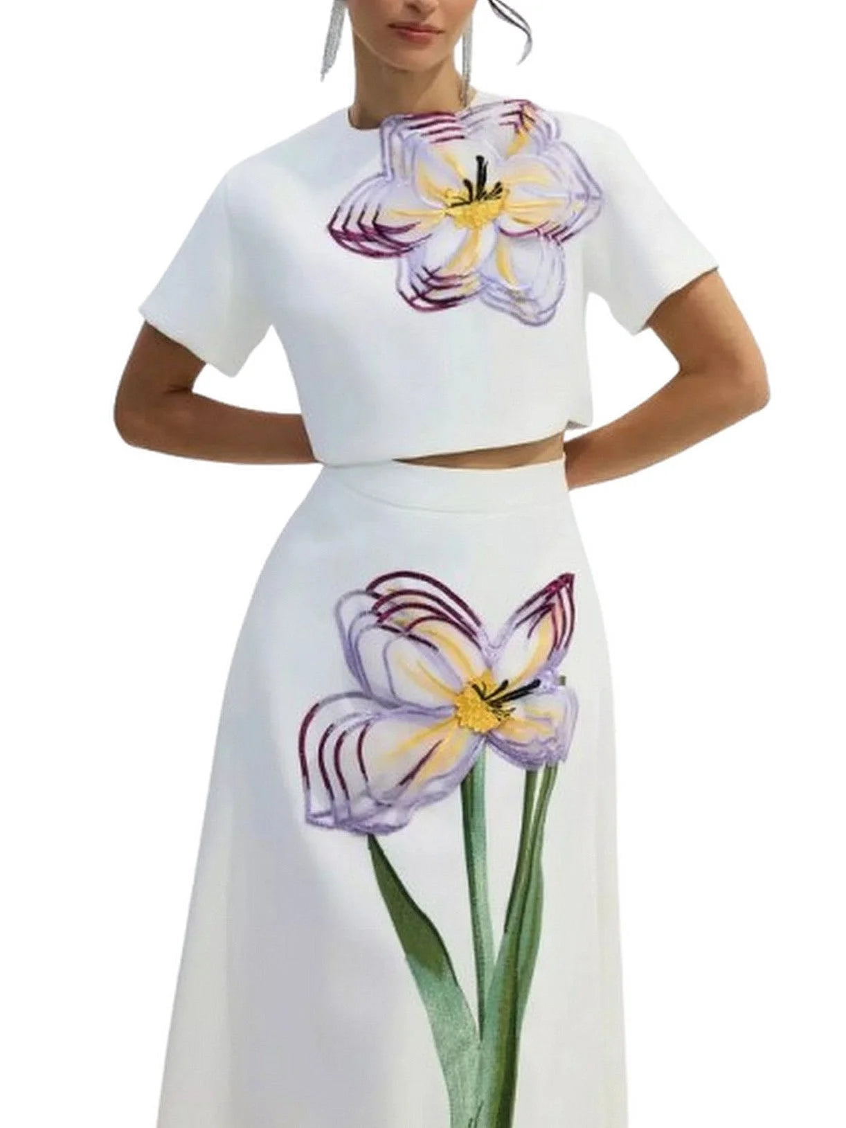 3D Floral Appliqued Crop Top and Flared Skirt Set - Suits & Sets