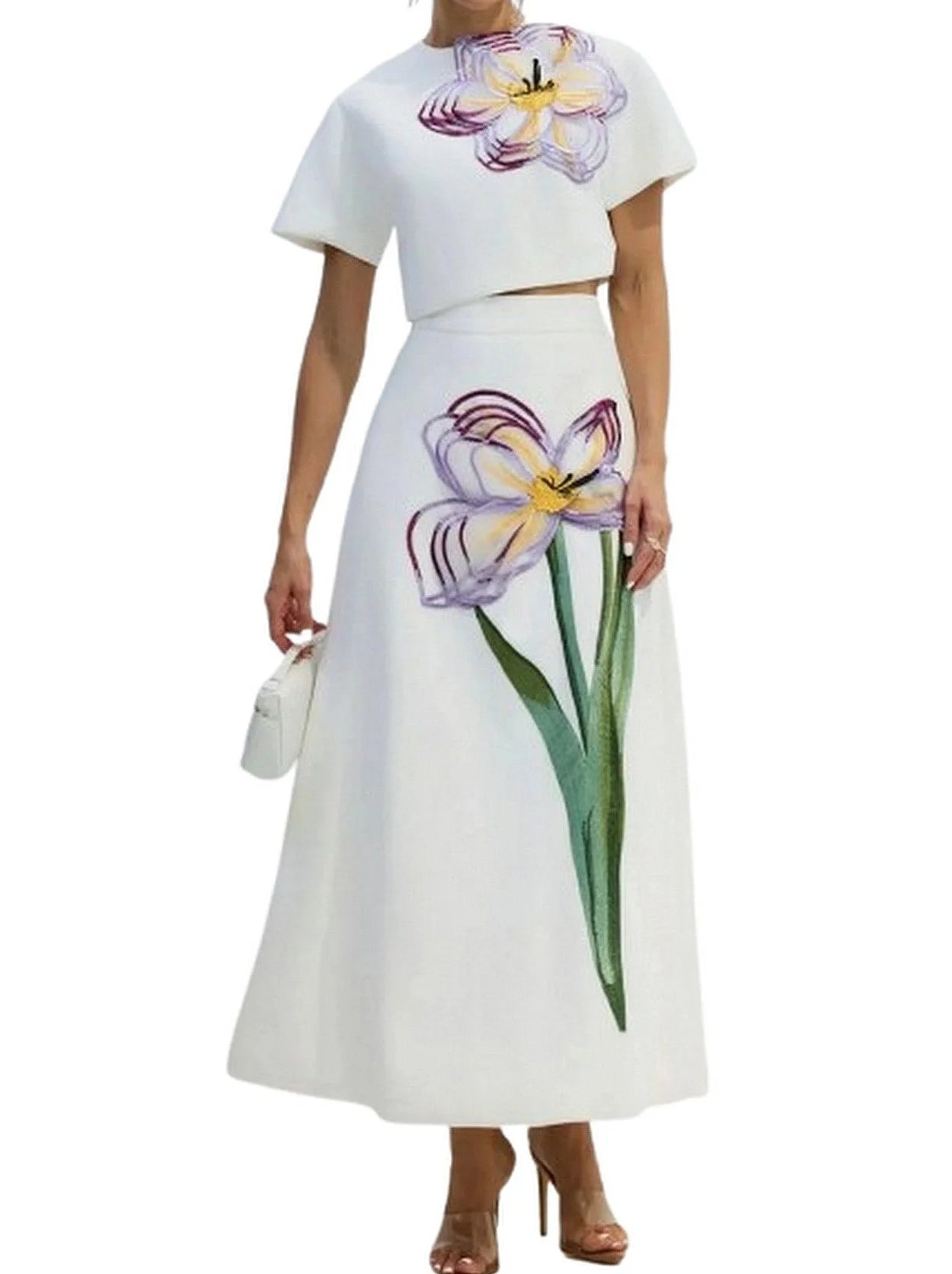 3D Floral Appliqued Crop Top and Flared Skirt Set - Suits & Sets