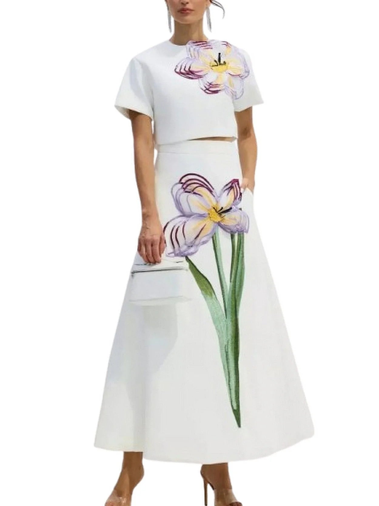 3D Floral Appliqued Crop Top and Flared Skirt Set - S / White - Suits & Sets