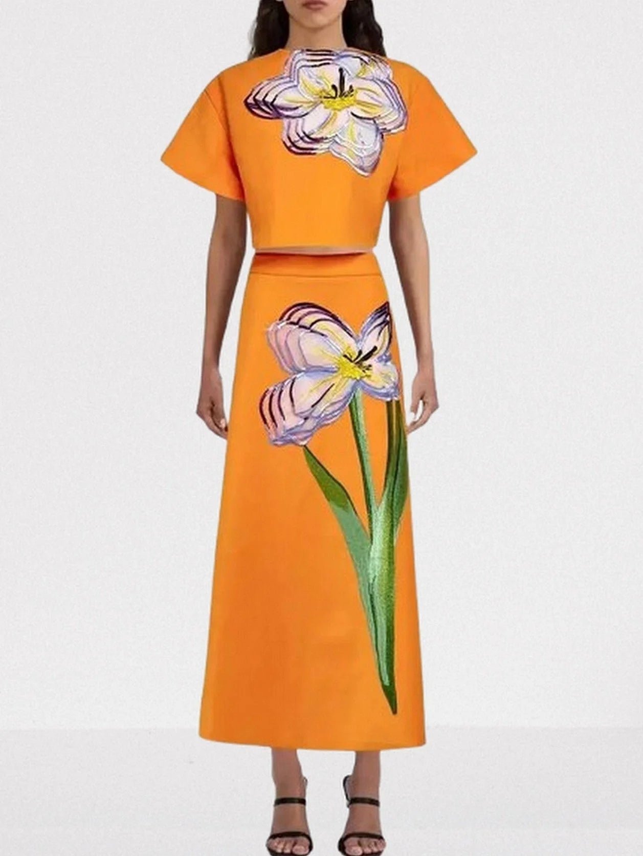 3D Floral Appliqued Crop Top and Flared Skirt Set - S / Orange - Suits & Sets