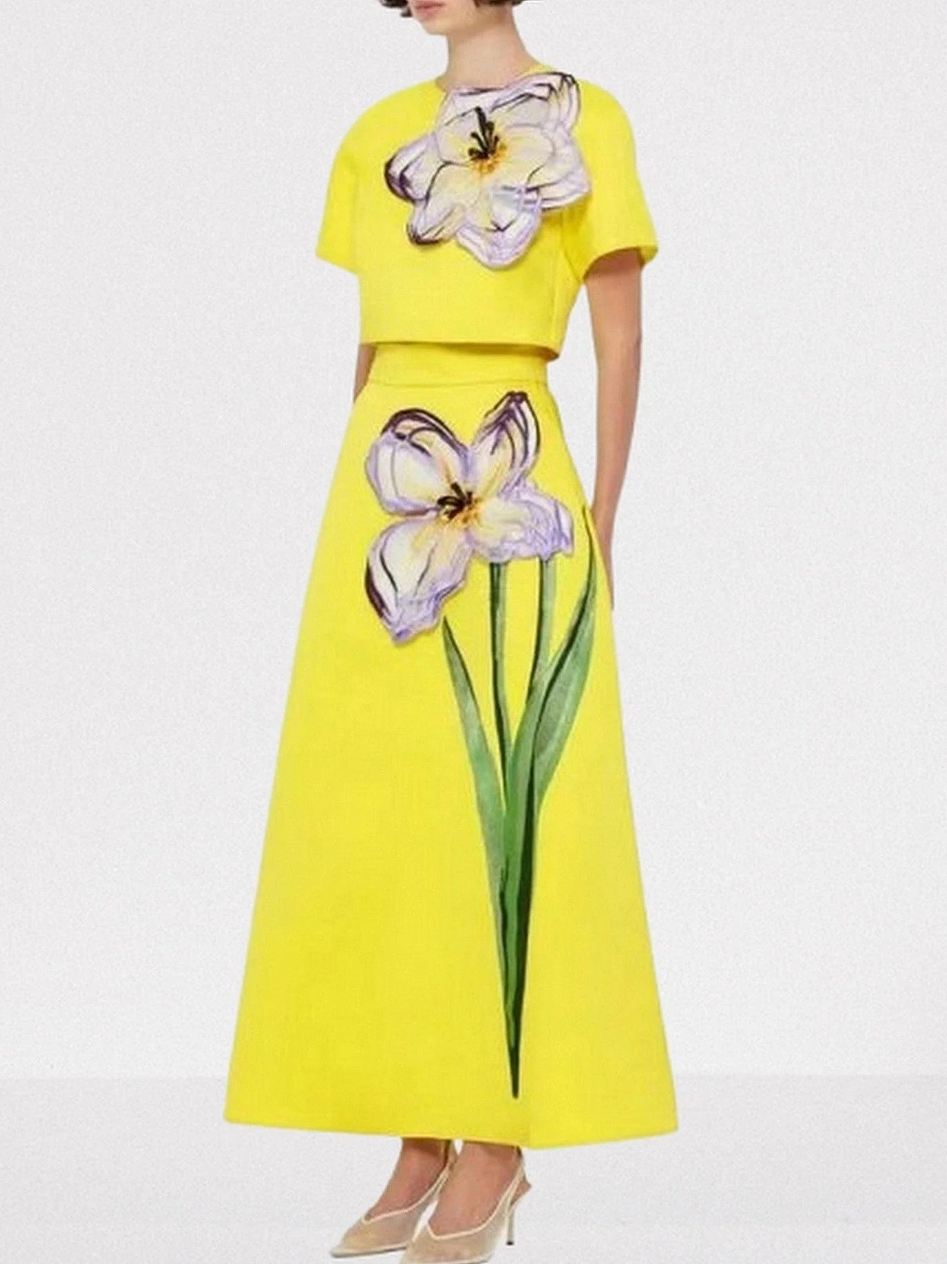 3D Floral Appliqued Crop Top and Flared Skirt Set - Suits & Sets