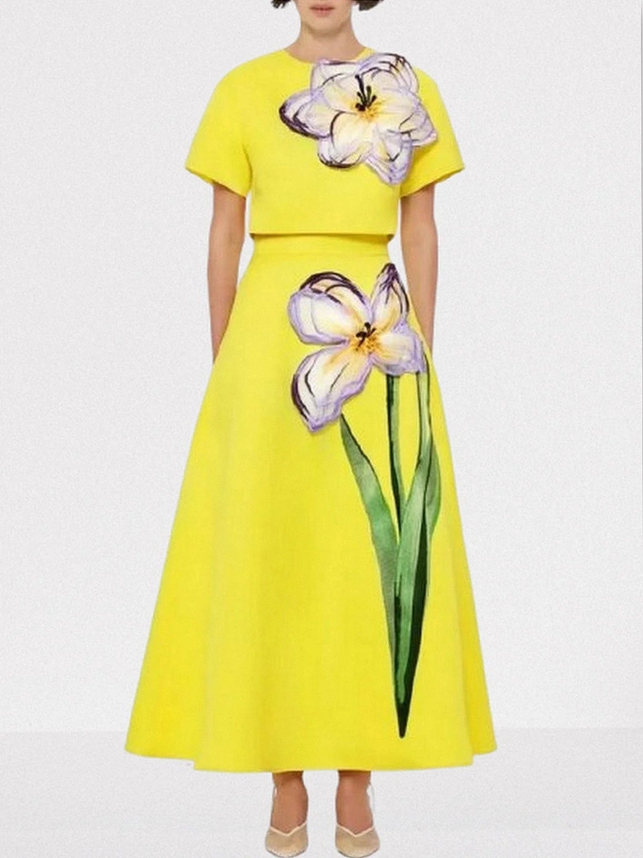 3D Floral Appliqued Crop Top and Flared Skirt Set - S / Yellow - Suits & Sets