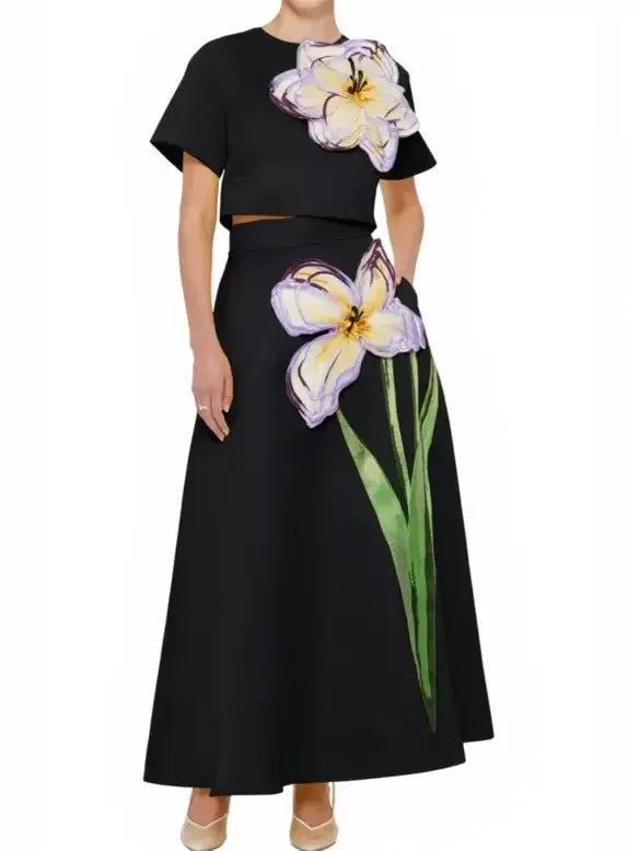 3D Floral Appliqued Crop Top and Flared Skirt Set - Suits & Sets