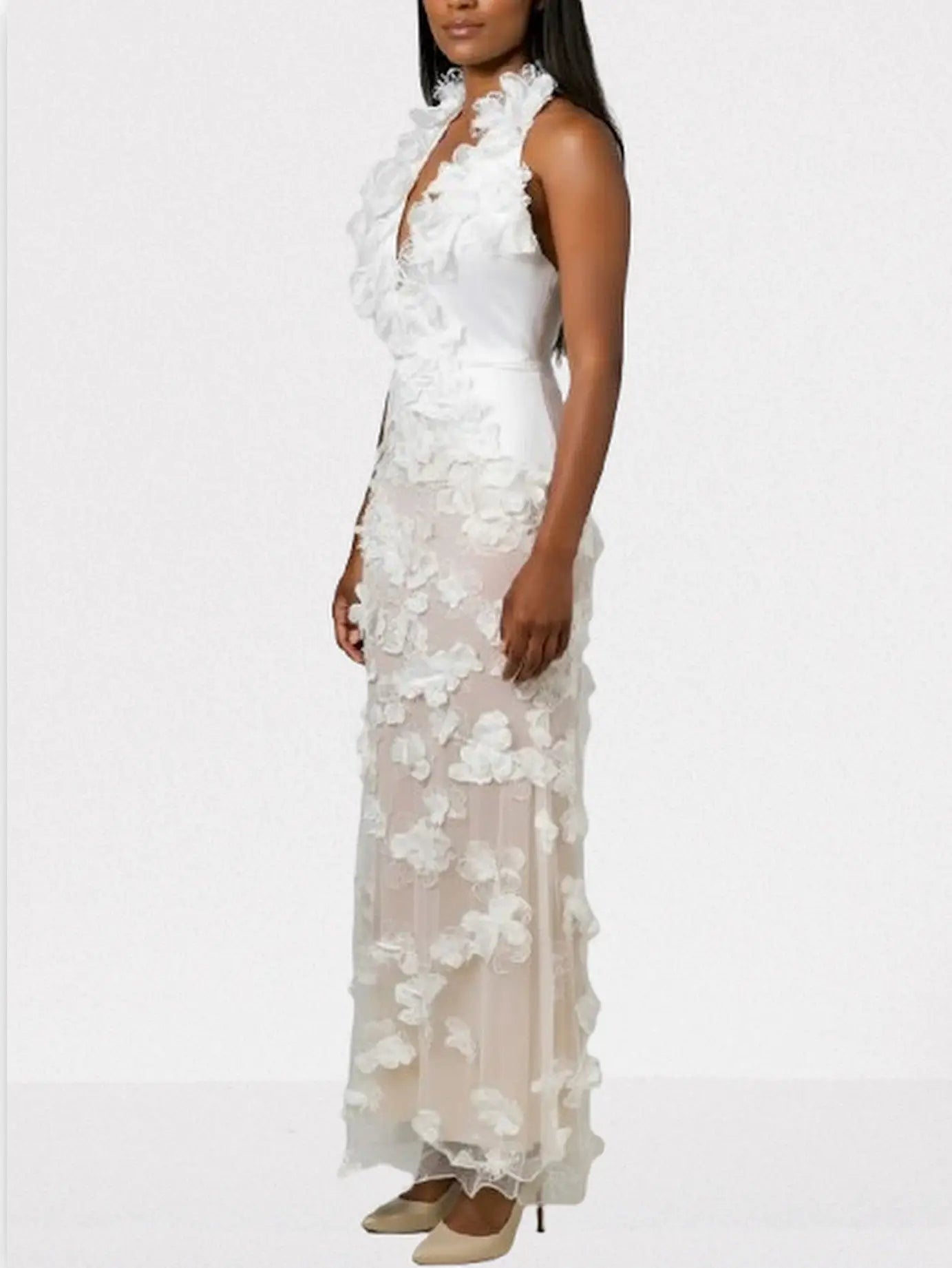 3D Floral Appliques Halterneck Gown in White - Dresses