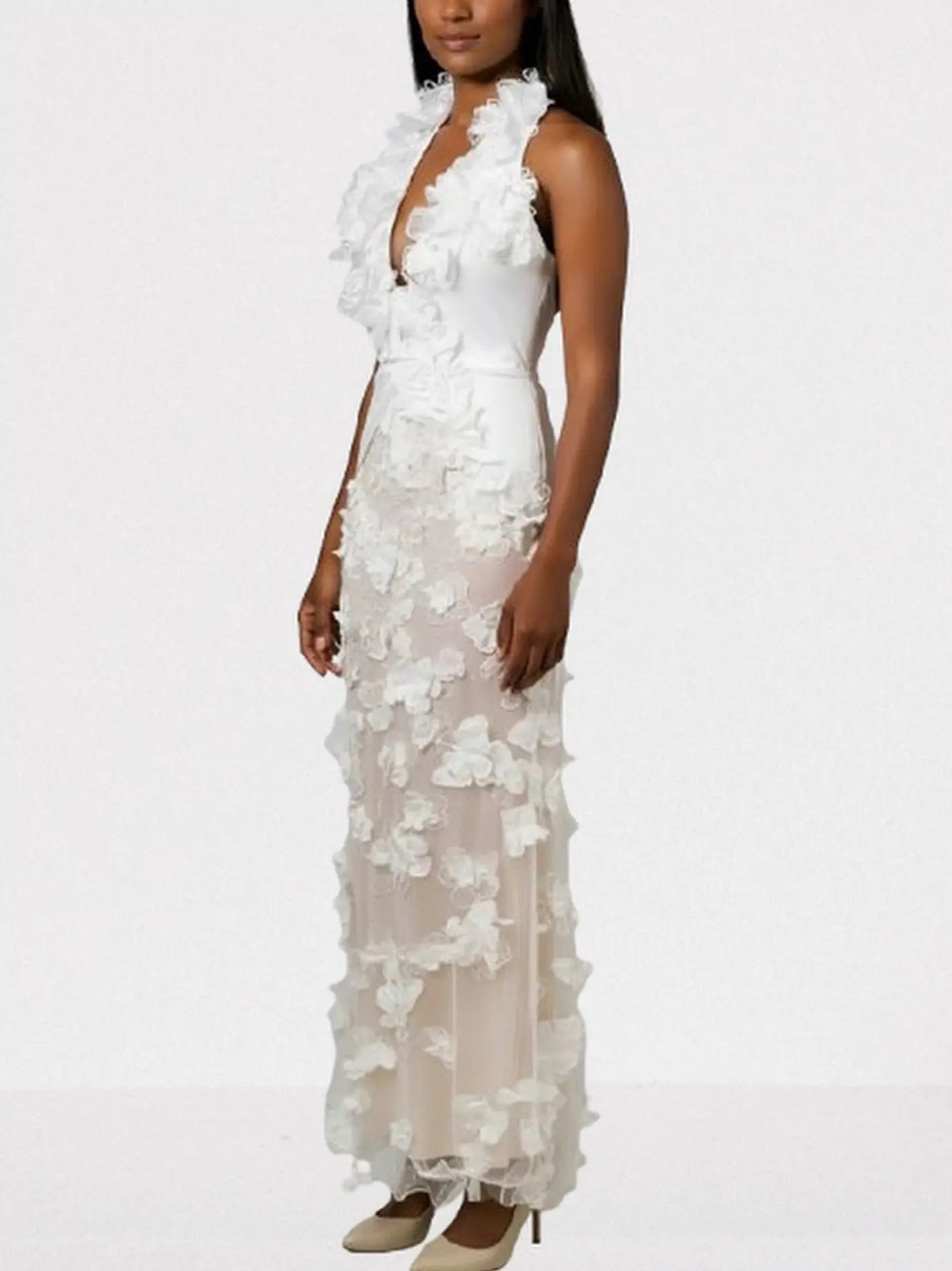 3D Floral Appliques Halterneck Gown in White - Dresses