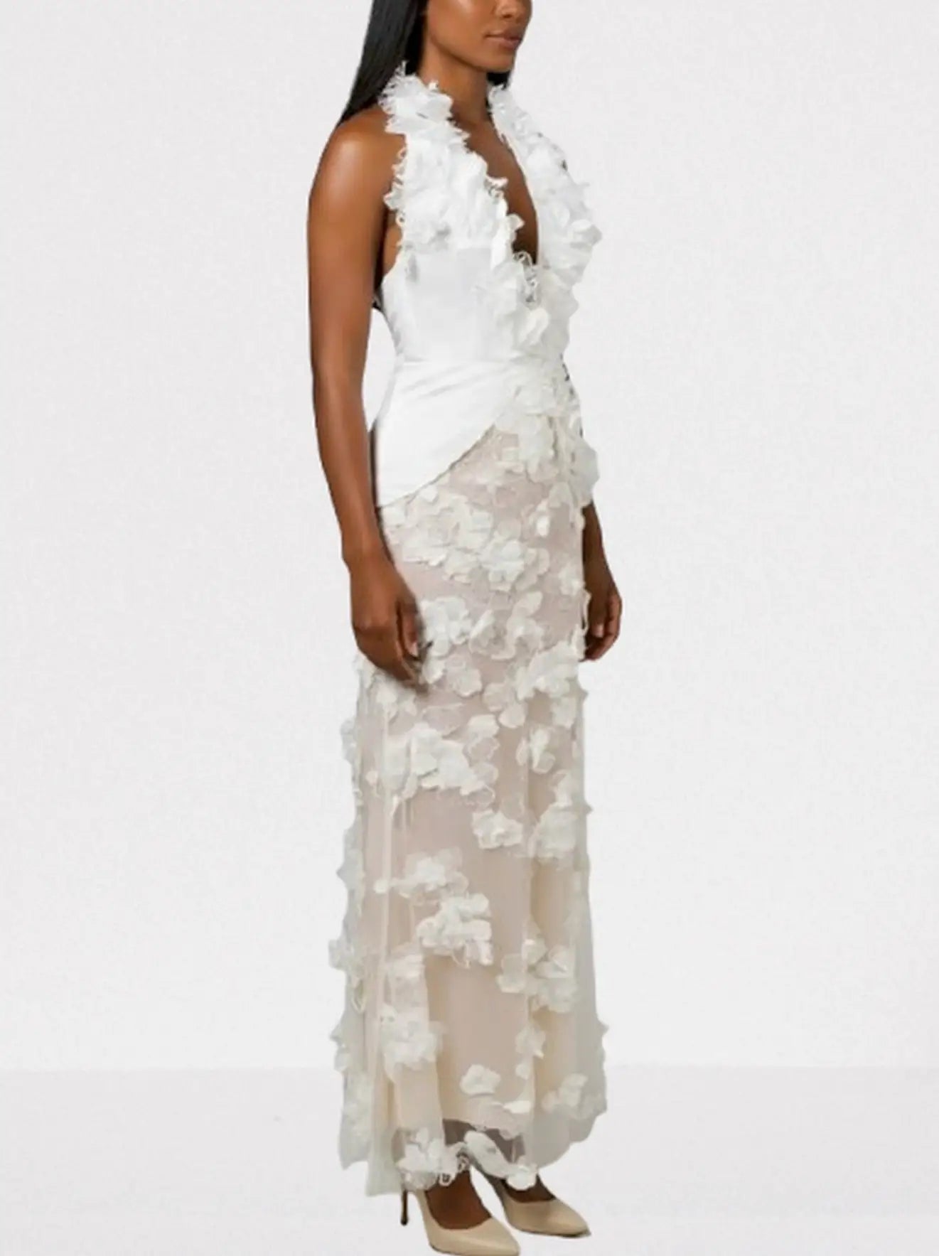 3D Floral Appliques Halterneck Gown in White - Dresses