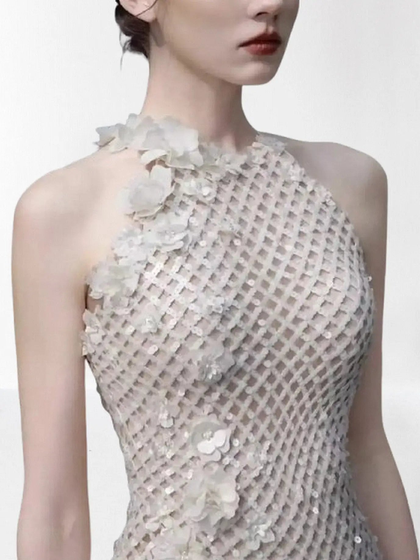 3D Floral Appliques Halterneck Sequined Tulle Gown - Dresses