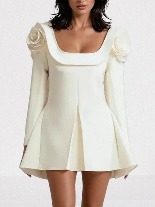 3D Floral Appliques Long-Sleeve Ivory Mini Dress - Dresses