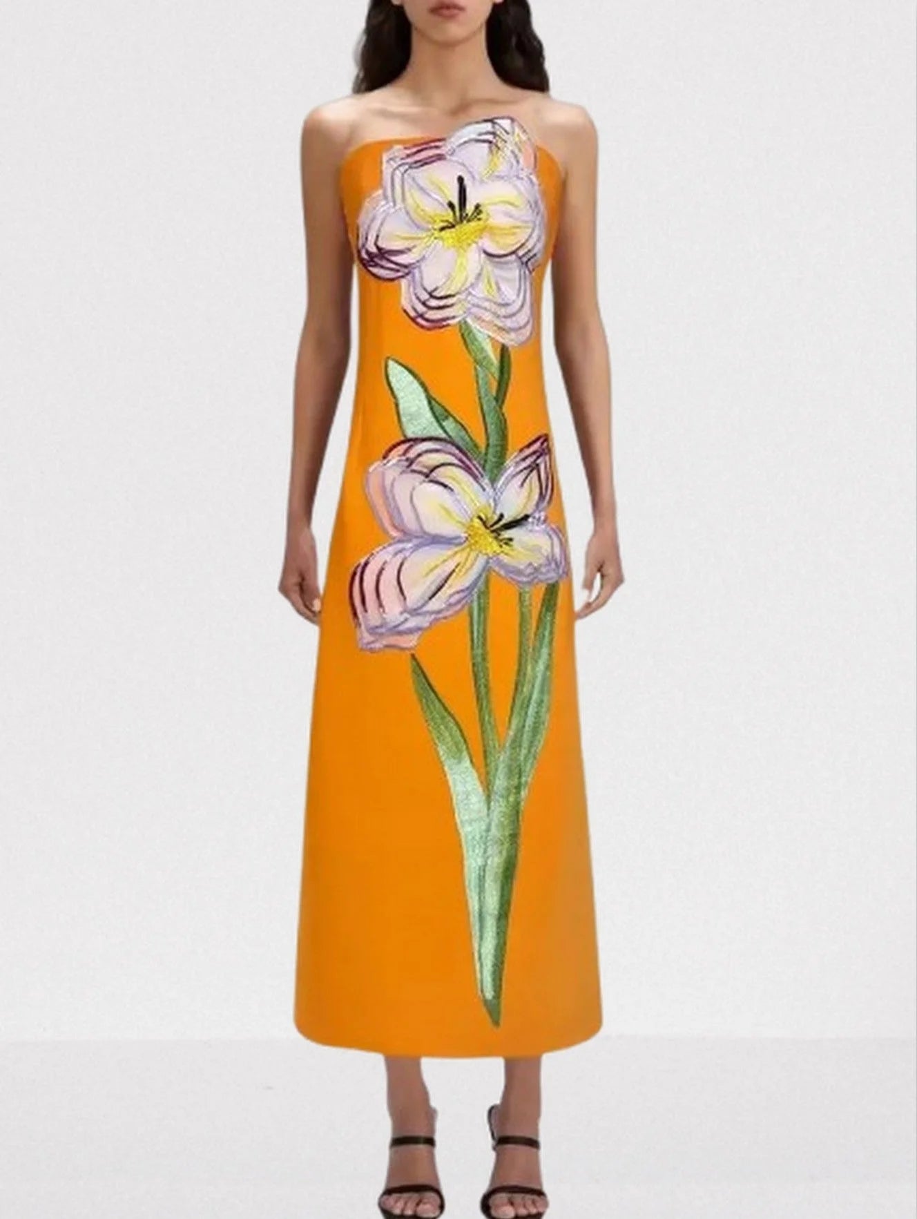 3D Floral Appliques Strapless Maxi Dress - S / Orange - Dresses