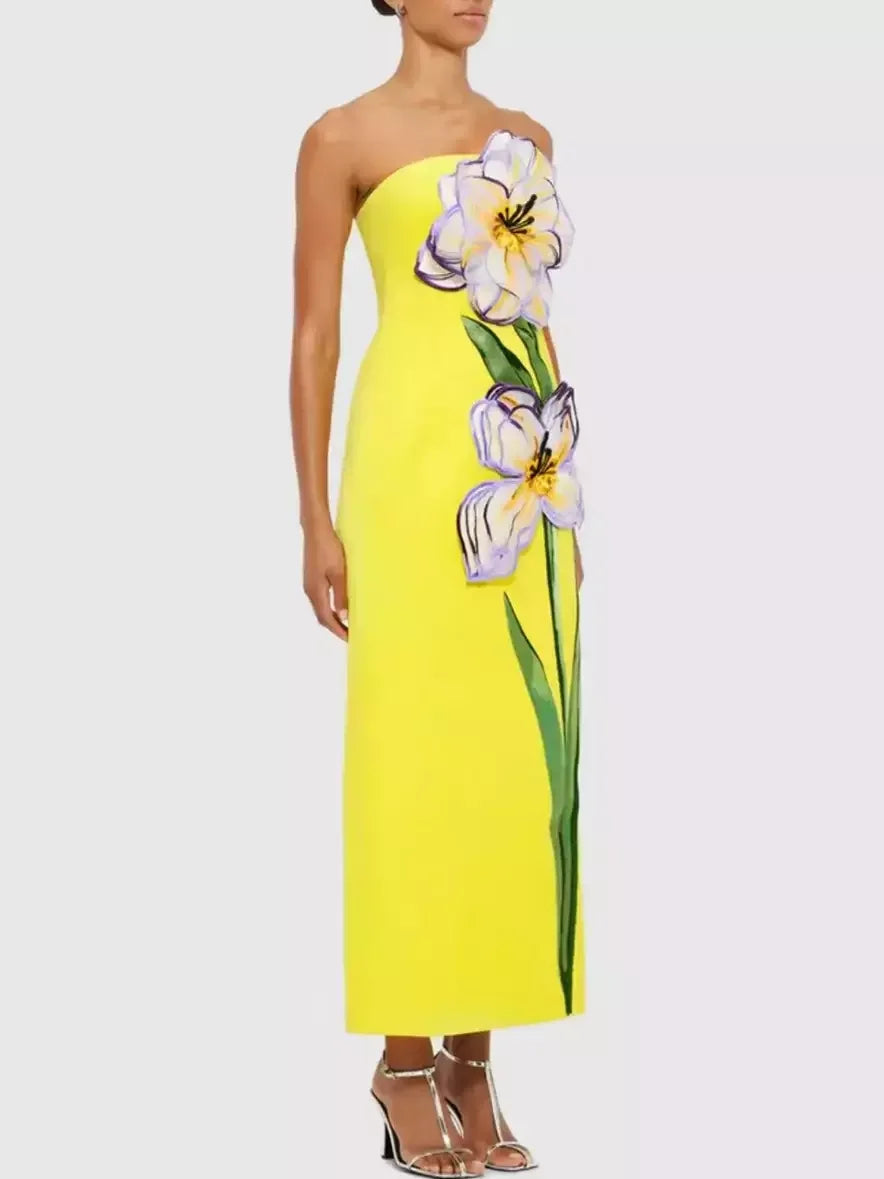 3D Floral Appliques Strapless Maxi Dress - Dresses