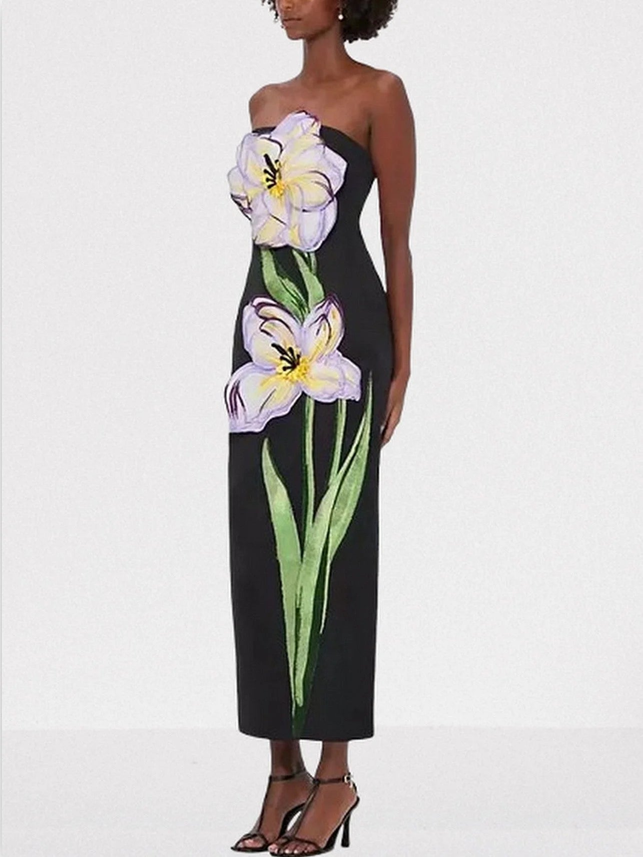 3D Floral Appliques Strapless Maxi Dress - Dresses