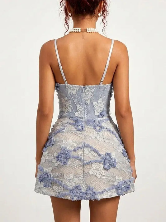 3D Floral Lace Butterfly Appliqué Mini Dress - Dresses