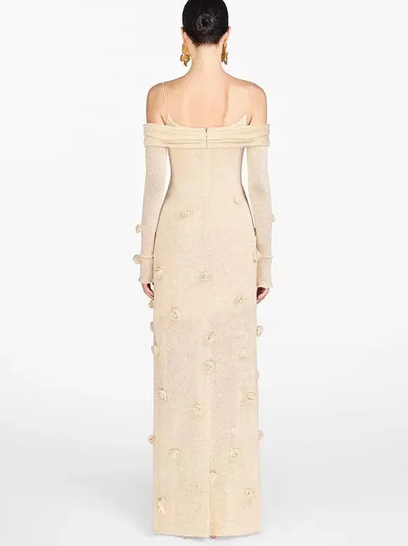 3D Beige Floral Applique Off-Shoulder Gown - Dresses