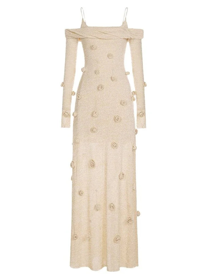 3D Beige Floral Applique Off-Shoulder Gown - Dresses
