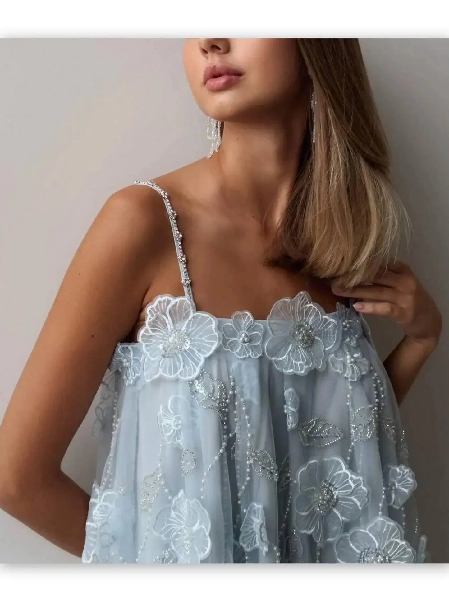 3D Embellished Floral-Applique Babydoll Dress in Light Blue - Dresses