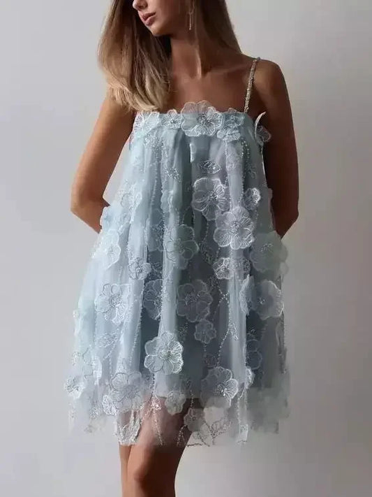 3D Embellished Floral-Applique Babydoll Dress in Light Blue - Dresses