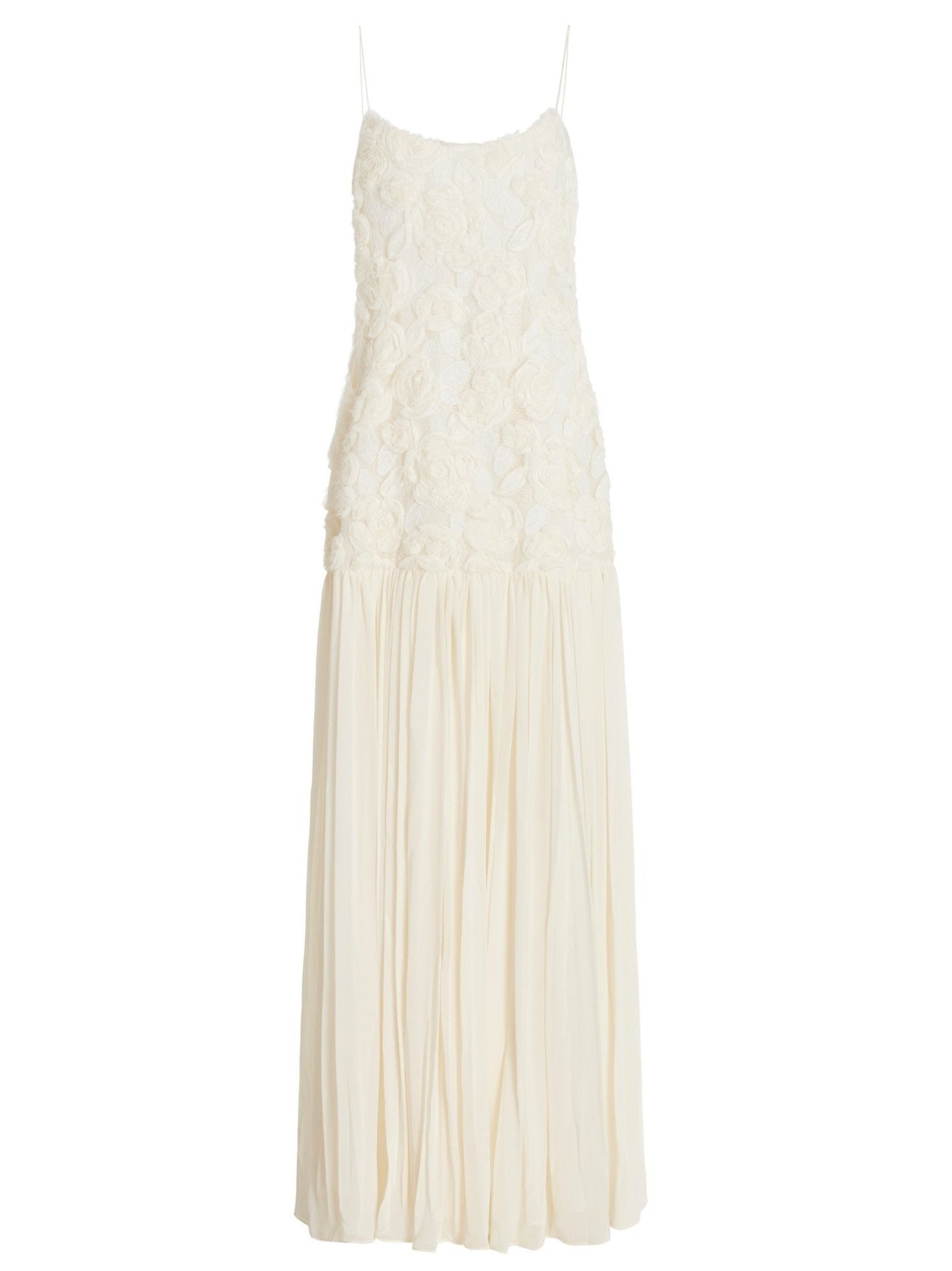 3D Floral Applique Long White Pleated Dress - Dresses