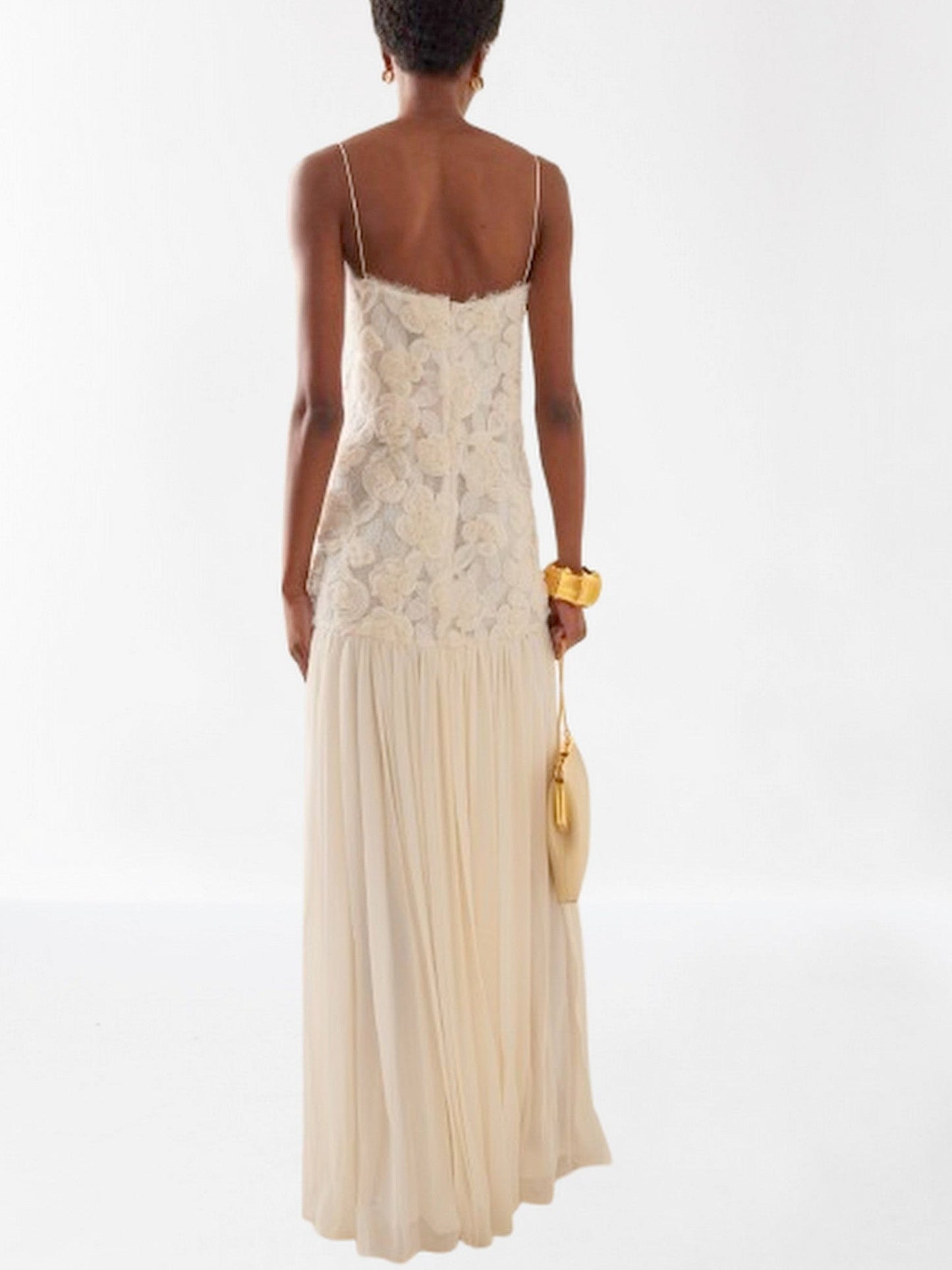 3D Floral Applique Long White Pleated Dress - Dresses