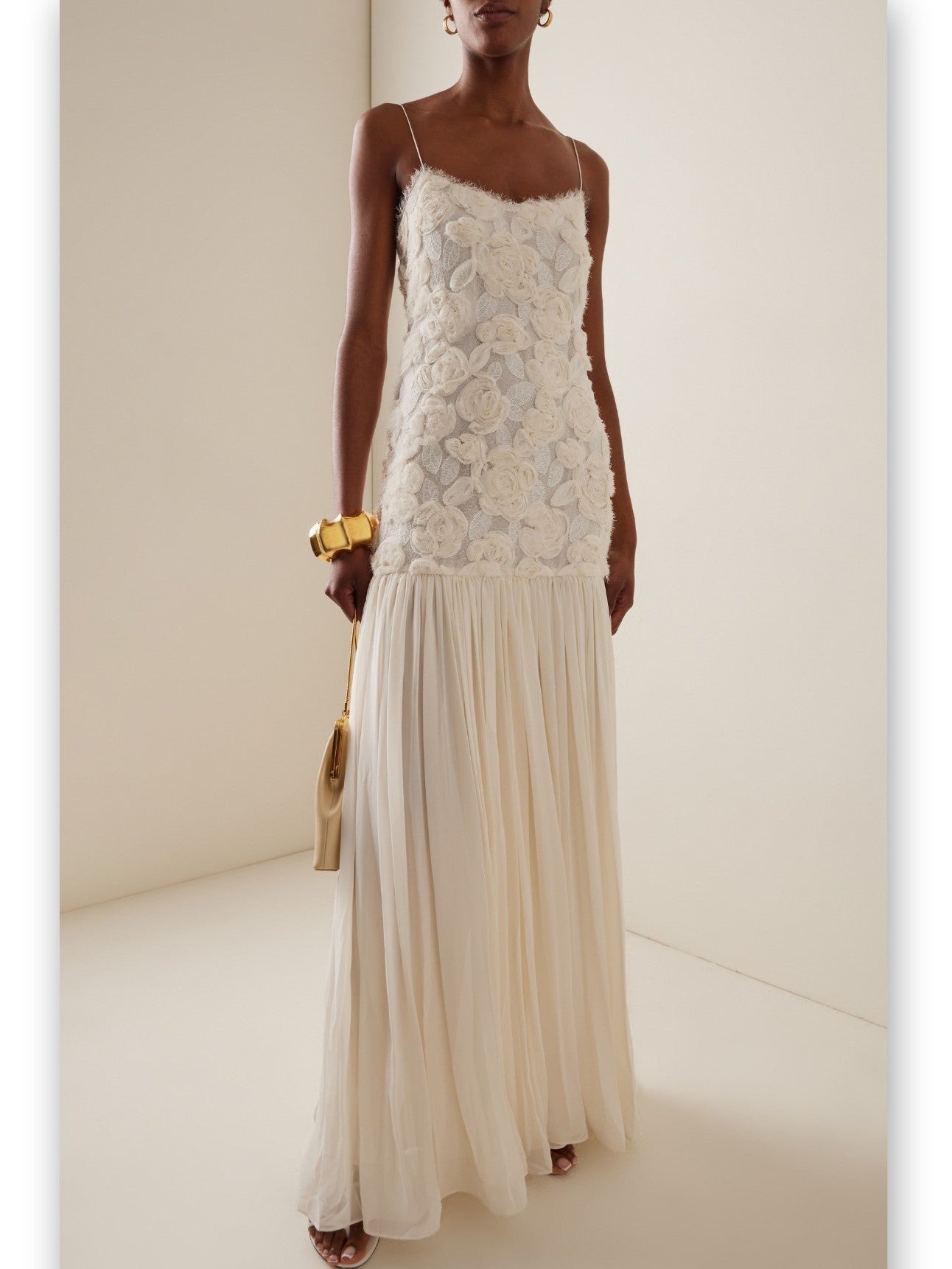 3D Floral Applique Long White Pleated Dress - Dresses