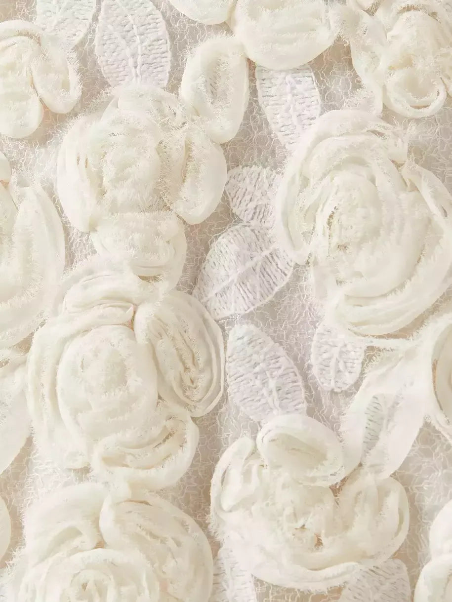 3D Floral Applique Long White Pleated Dress - Dresses