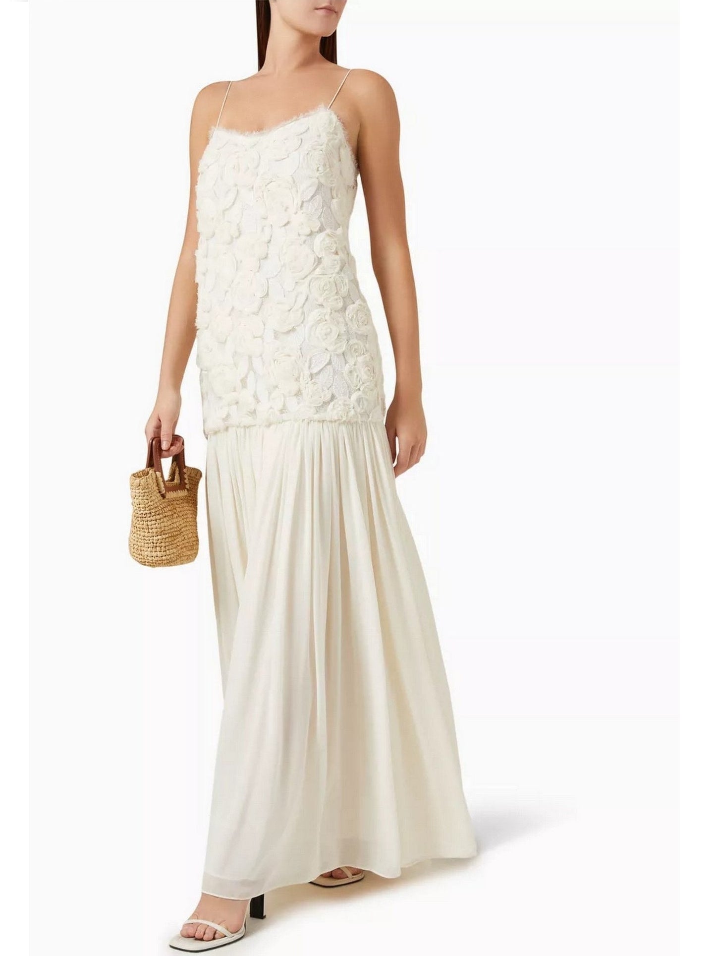 3D Floral Applique Long White Pleated Dress - Dresses