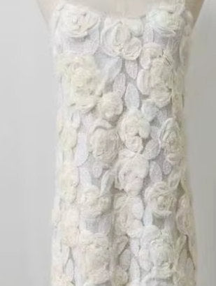 3D Floral Applique Long White Pleated Dress - Dresses