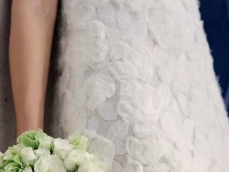 3D Floral Applique Long White Pleated Dress - Dresses