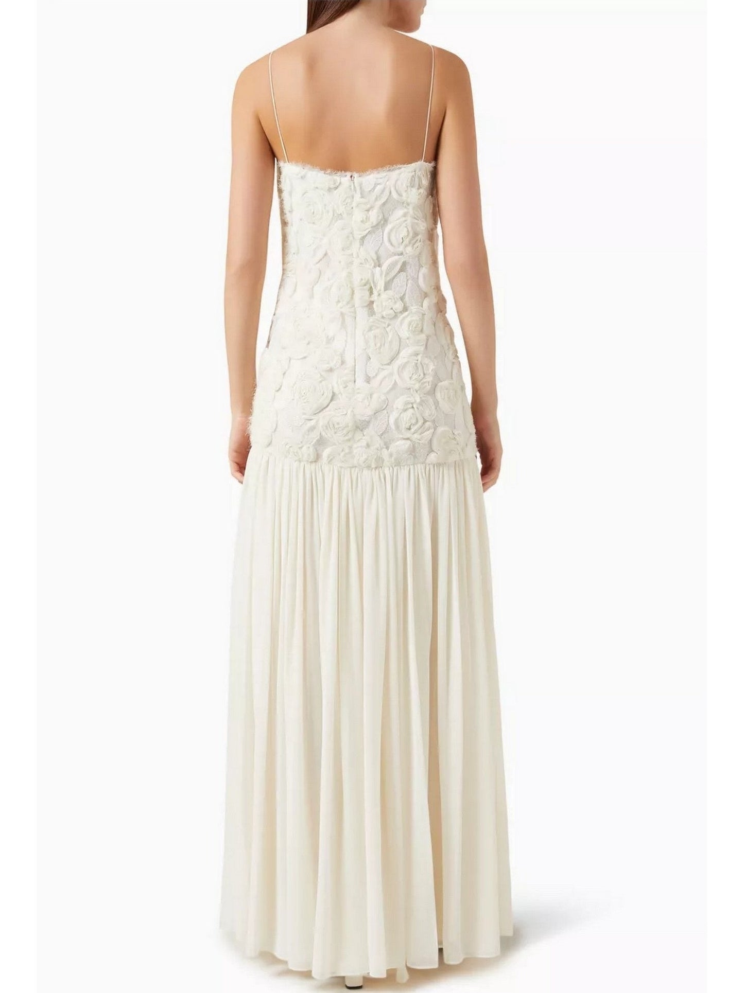 3D Floral Applique Long White Pleated Dress - Dresses