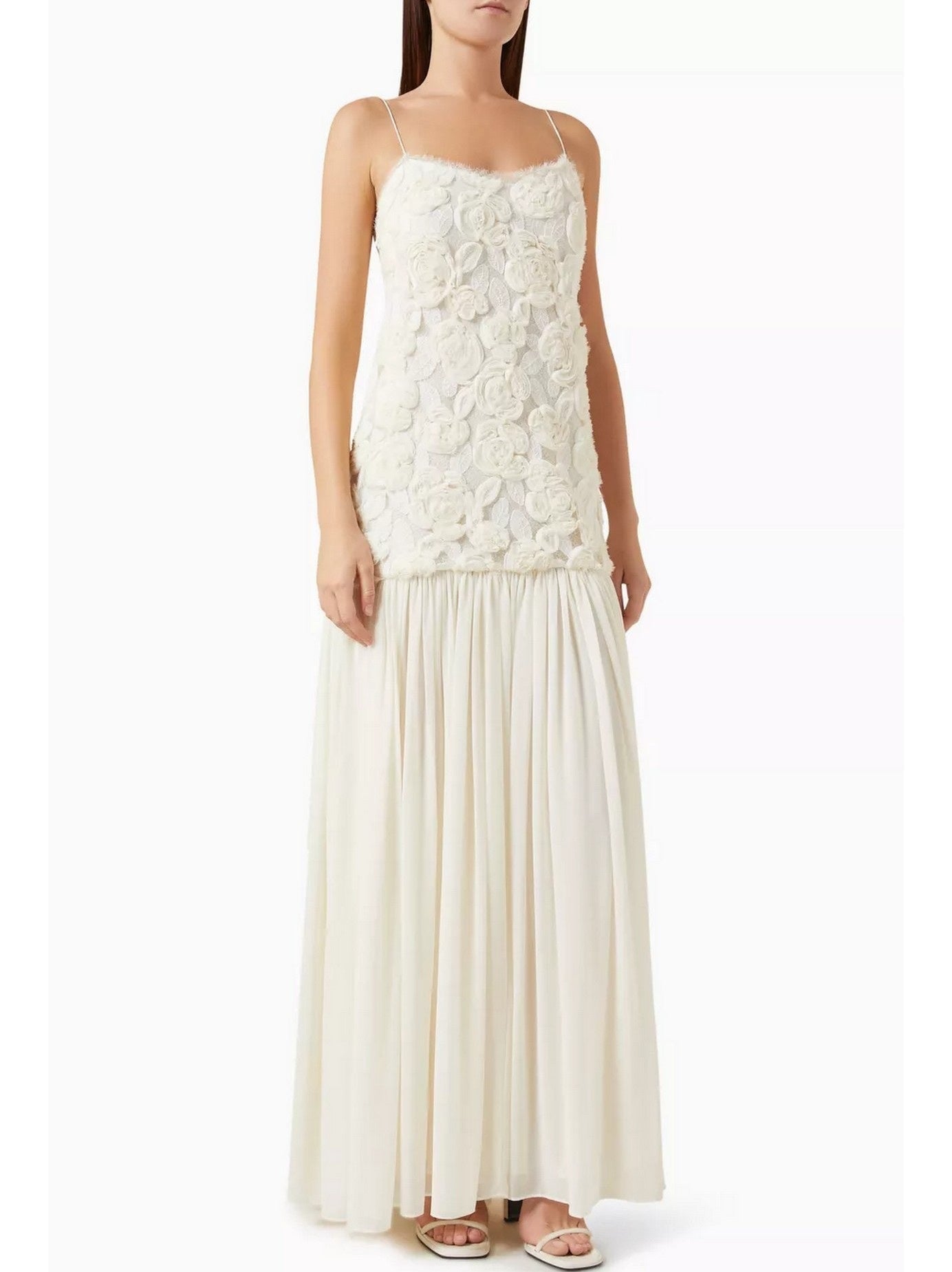 3D Floral Applique Long White Pleated Dress - Dresses