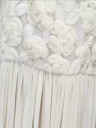 3D Floral Applique Long White Pleated Dress - Dresses